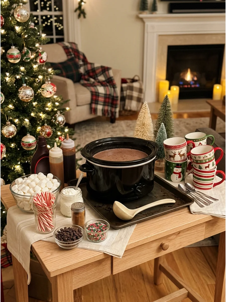 A hot cocoa station with marshmallows and mugs in a living room.