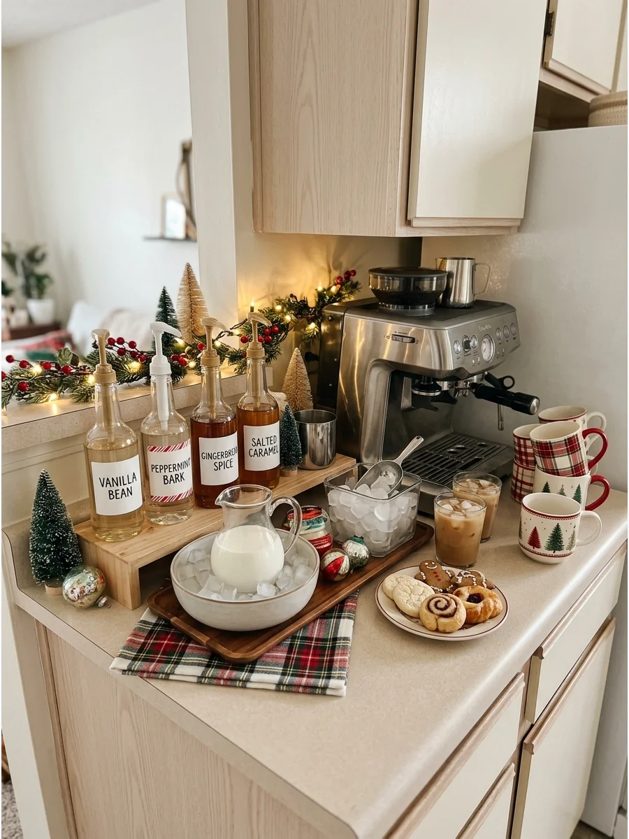 A compact coffee station with Christmas syrups in a small kitchen.