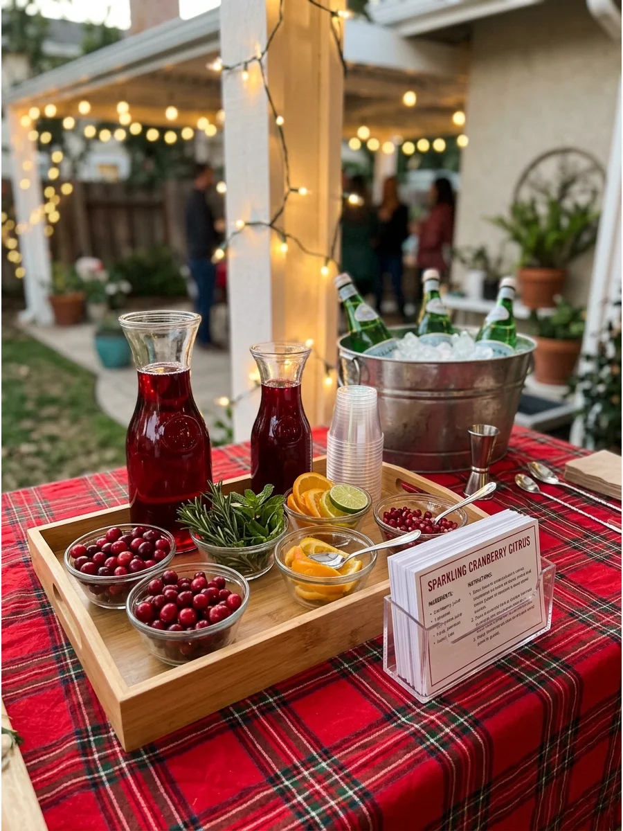 A festive mocktail bar set up on an outdoor patio.