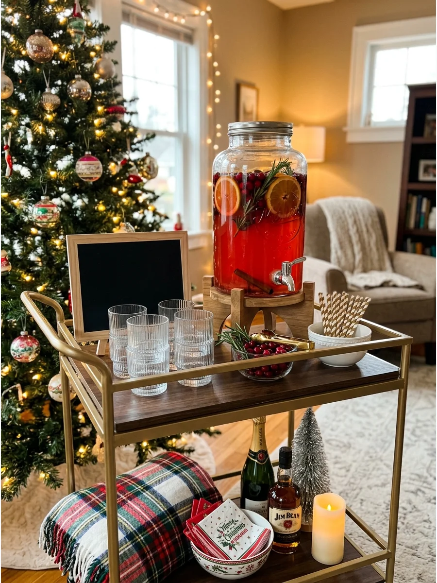 A glass drink dispenser with a red holiday cocktail on a bar cart.