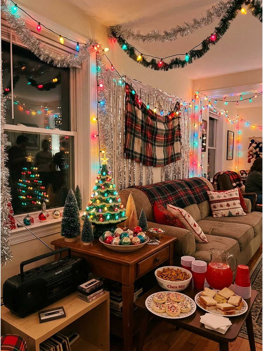 A 90s style Christmas party setup with tinsel and colorful lights in a small apartment.