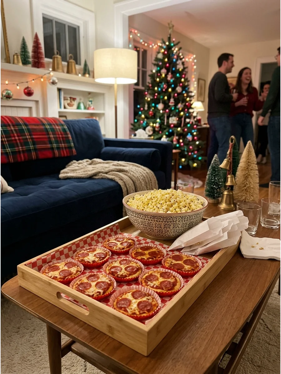 Late-night snacks like mini pizzas and popcorn on a coffee table.