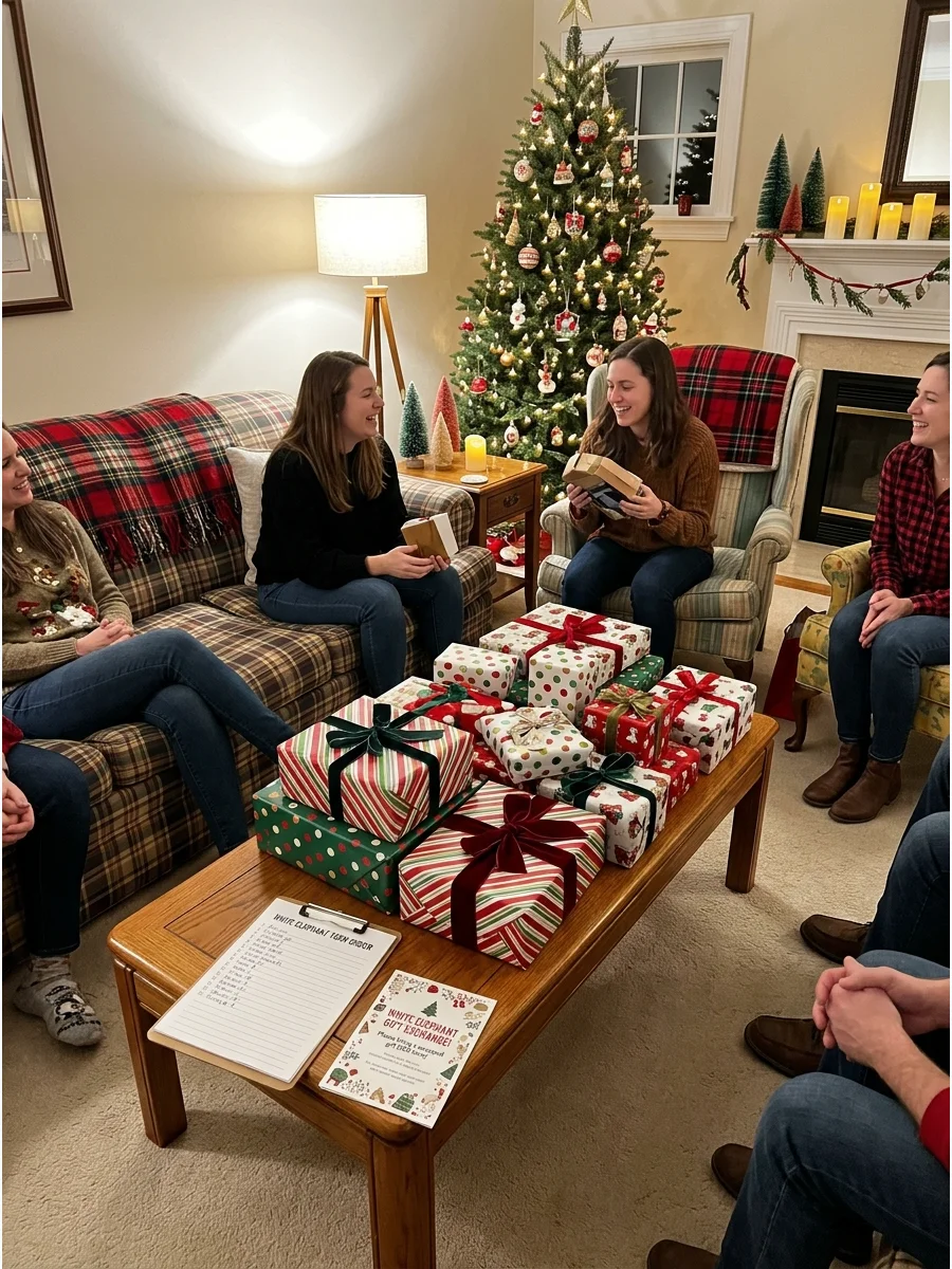 A variety of wrapped gifts on a coffee table for a white elephant exchange.
