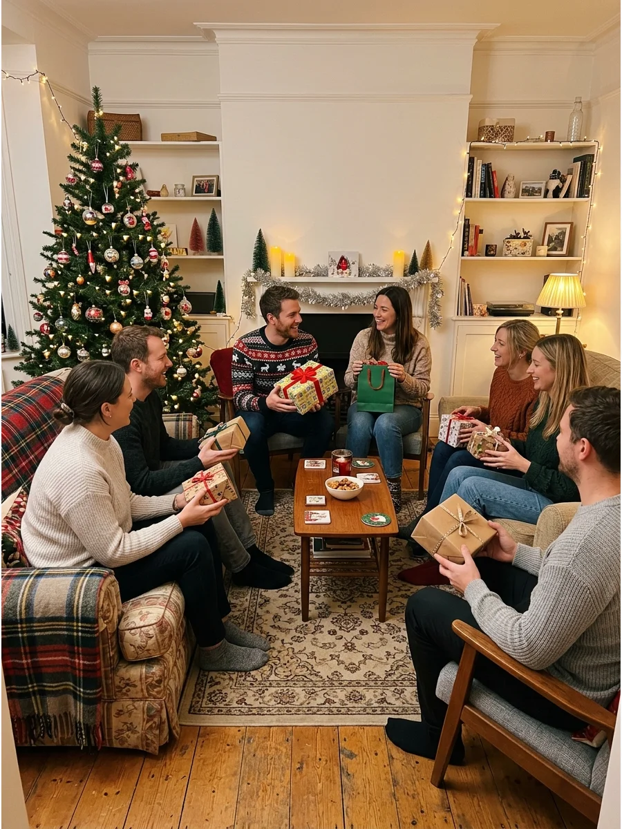 Friends sitting in a living room circle for an ornament exchange.