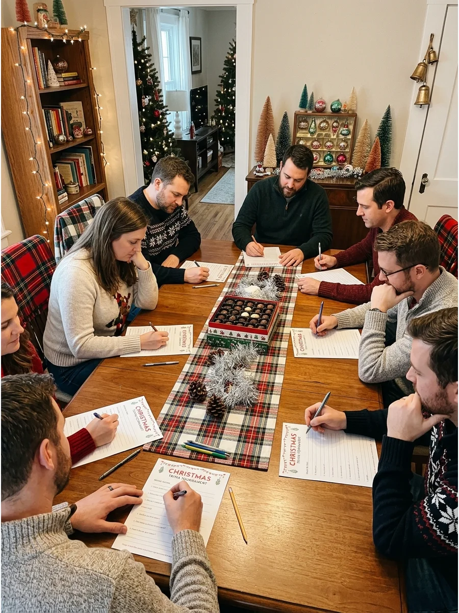 Guests playing a holiday trivia game at a dining table.