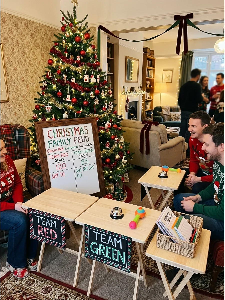 A whiteboard set up for a Christmas themed family feud game.
