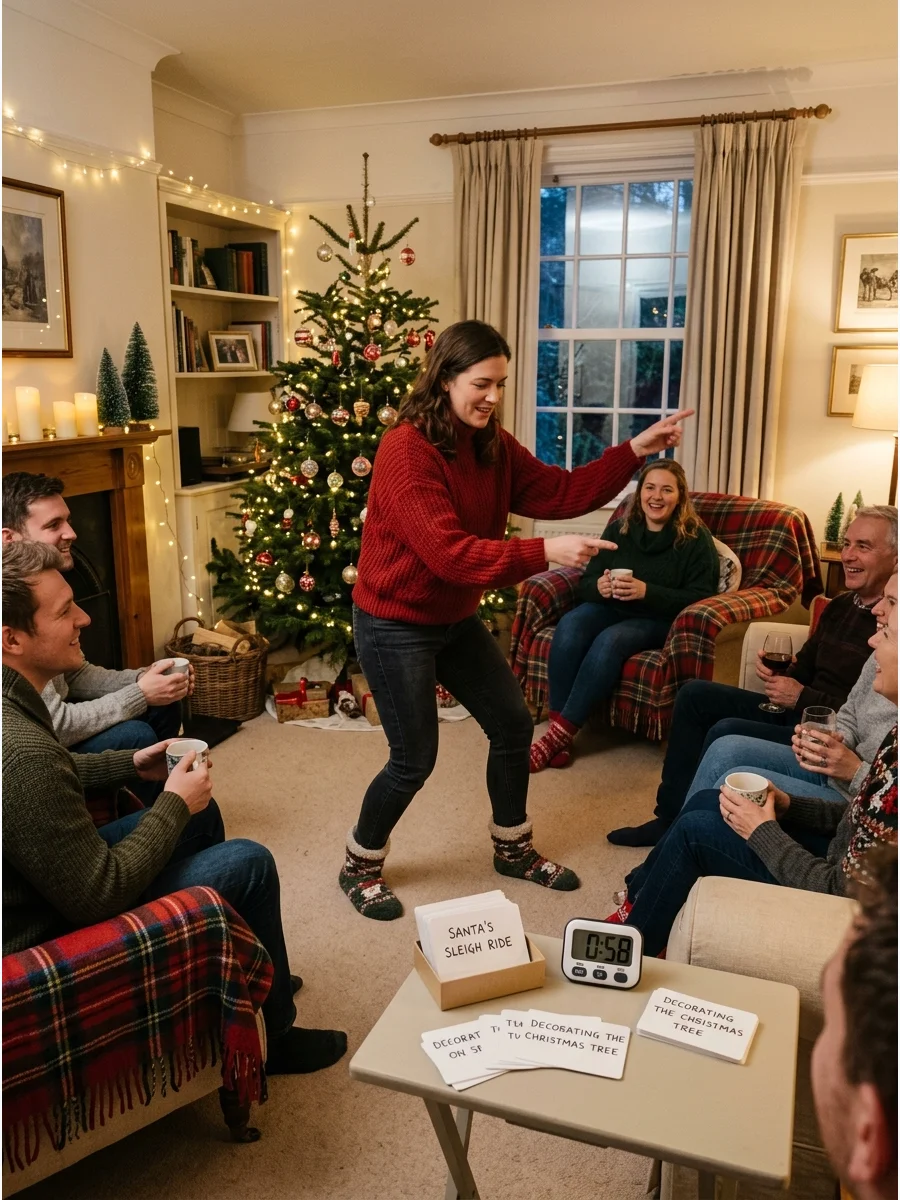 A person playing charades in front of friends in a decorated living room.