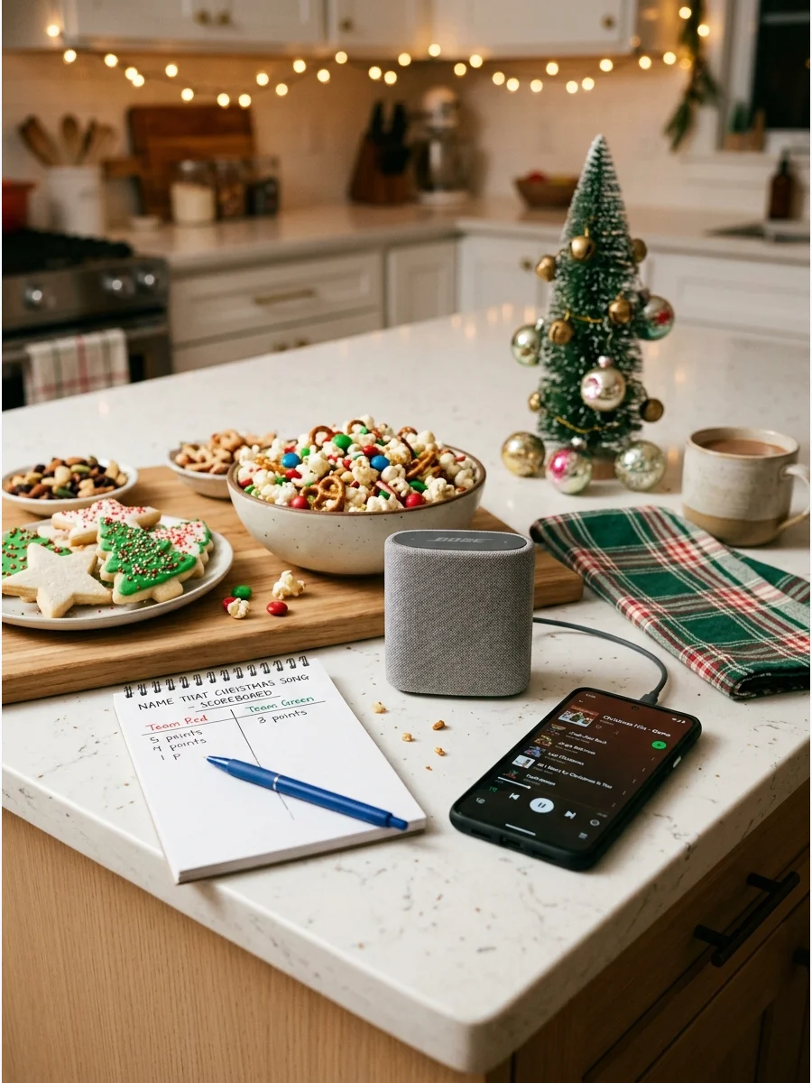 A smartphone and speaker on a kitchen island for a music guessing game.