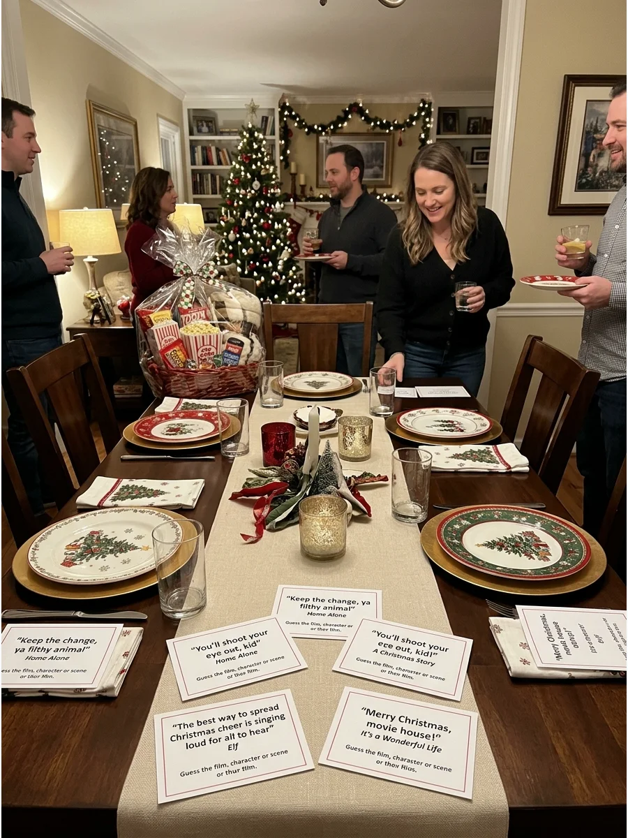 Trivia cards with holiday movie quotes on a decorated dining table.