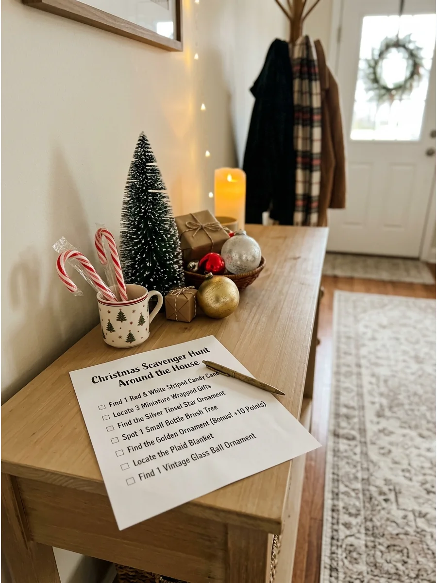 A scavenger hunt checklist on a console table in a home entryway.