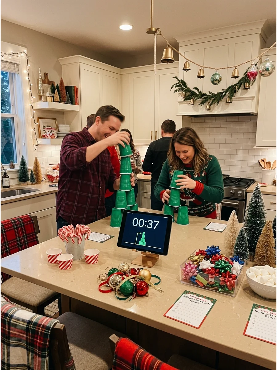 Guests playing a fast-paced cup stacking game on a kitchen island.