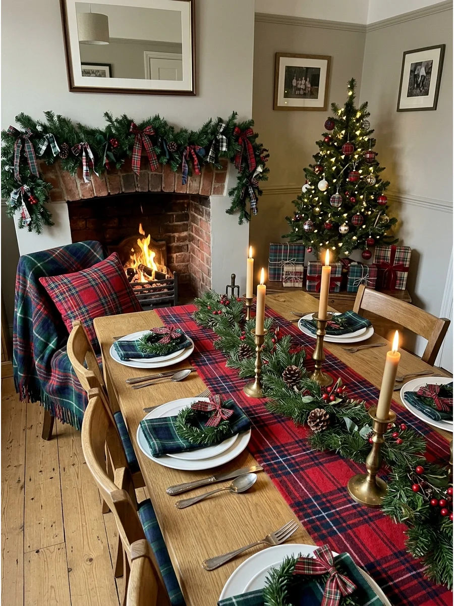 A formal dining room decorated with tartan patterns and brass accents for a holiday dinner.