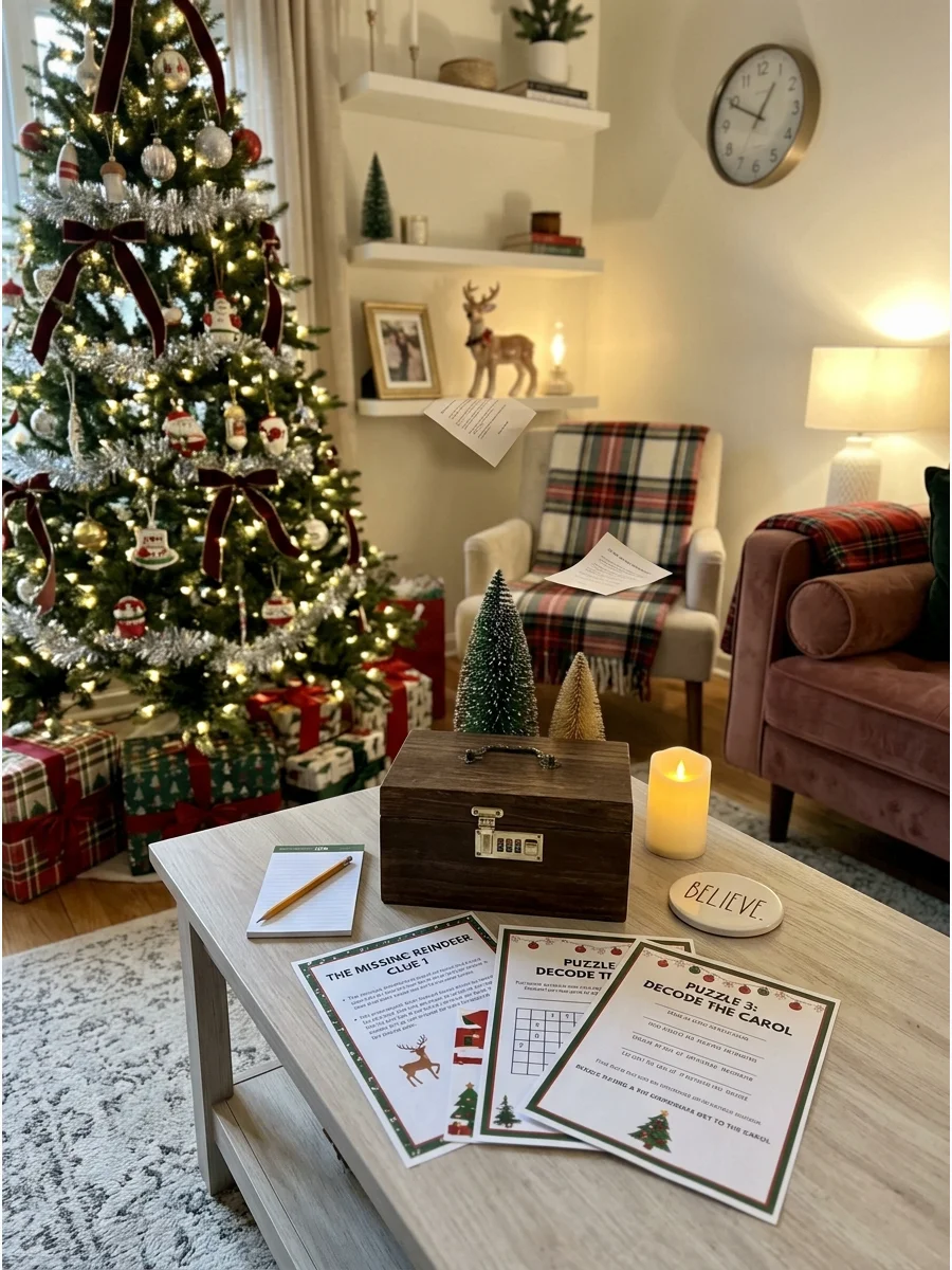 A locked box and puzzle clues for a home escape room game.