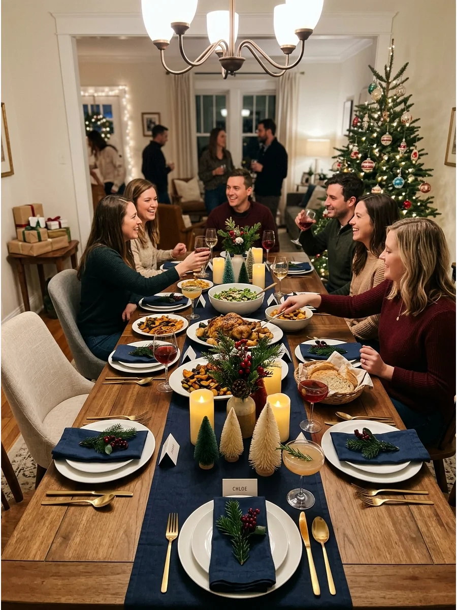 A festive dining room table set for a Friendsmas dinner with navy and gold accents.