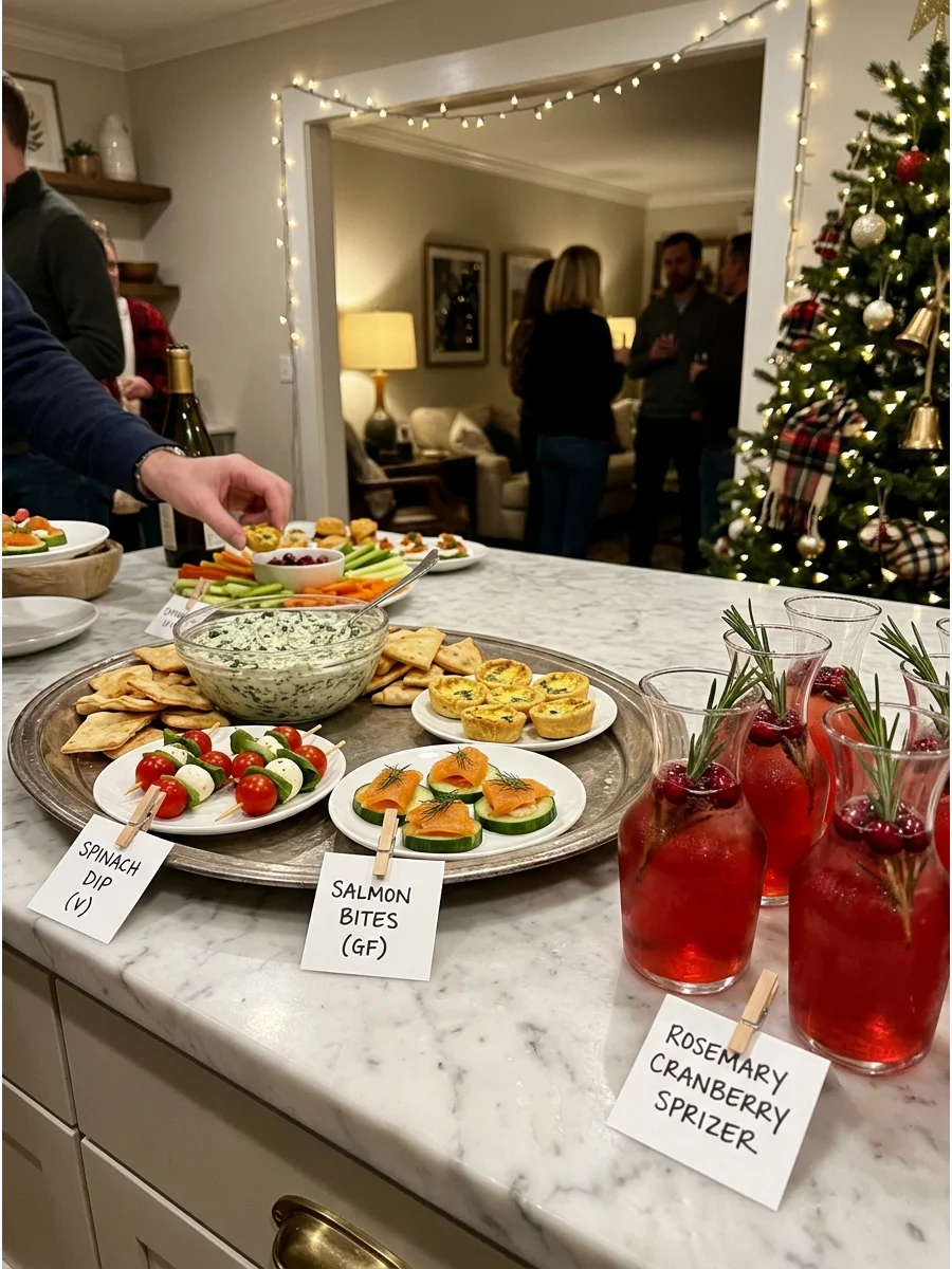 A kitchen island staged with various holiday appetizers and festive cocktails.