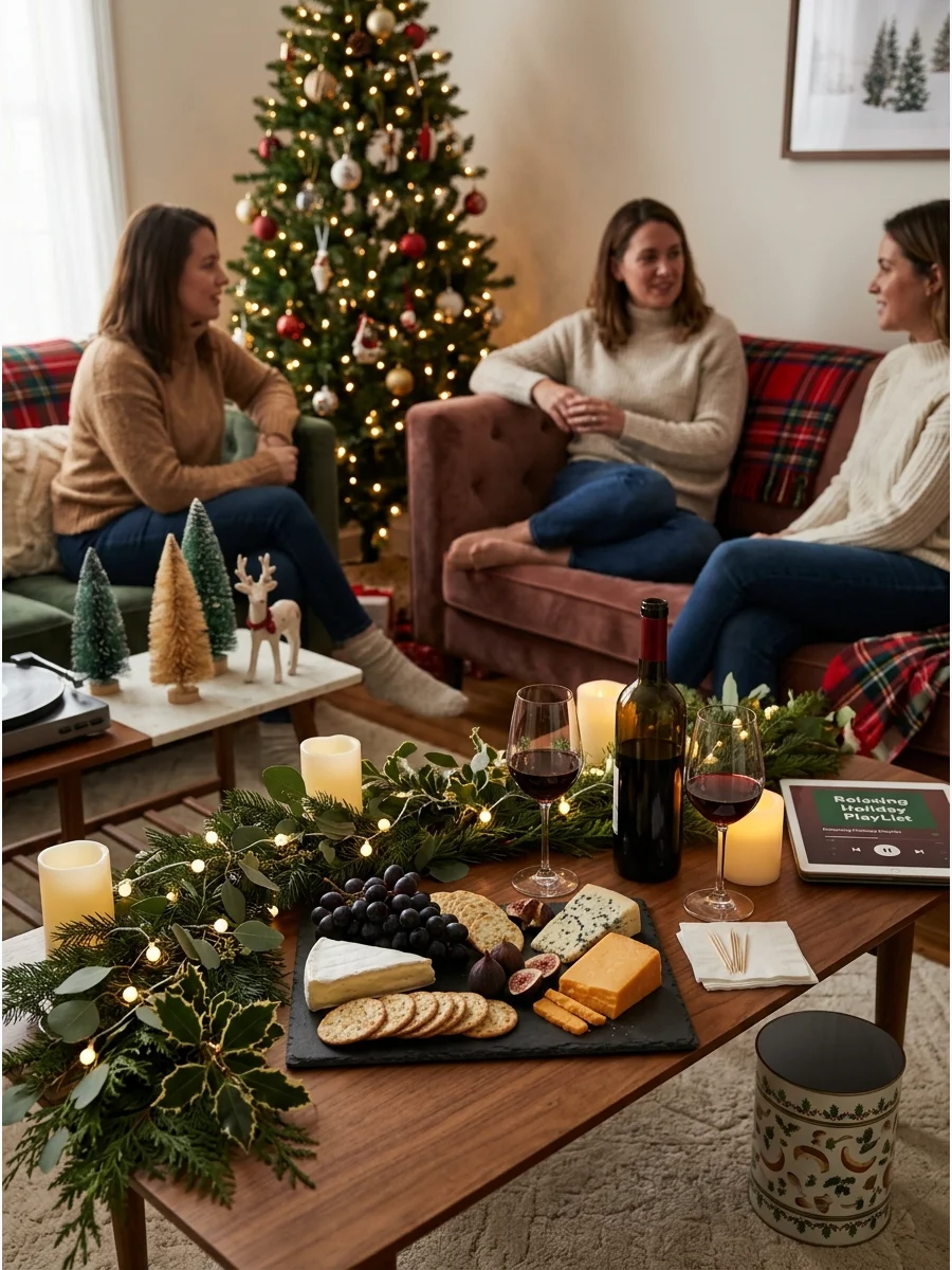 A cheese and wine spread on a coffee table in a cozy living room.
