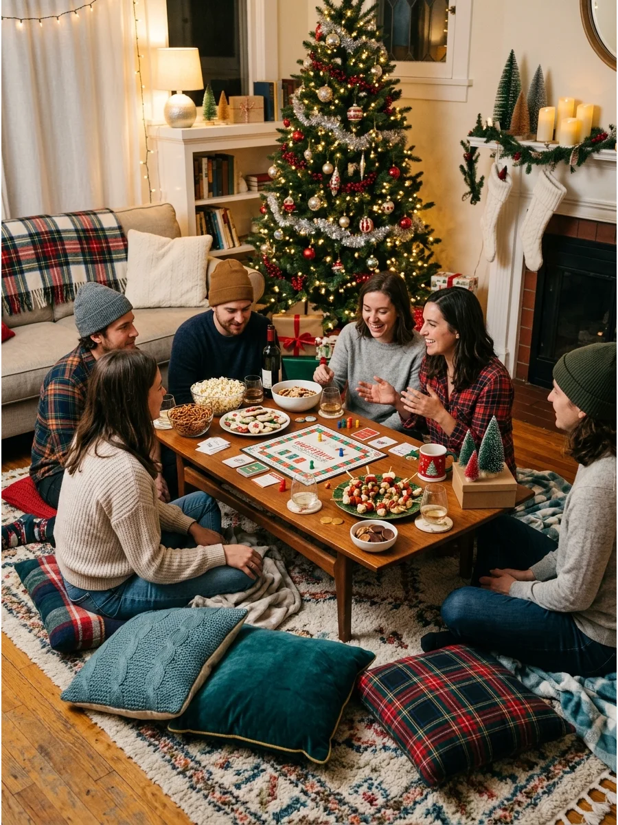 A casual living room setup for a holiday game night with friends.