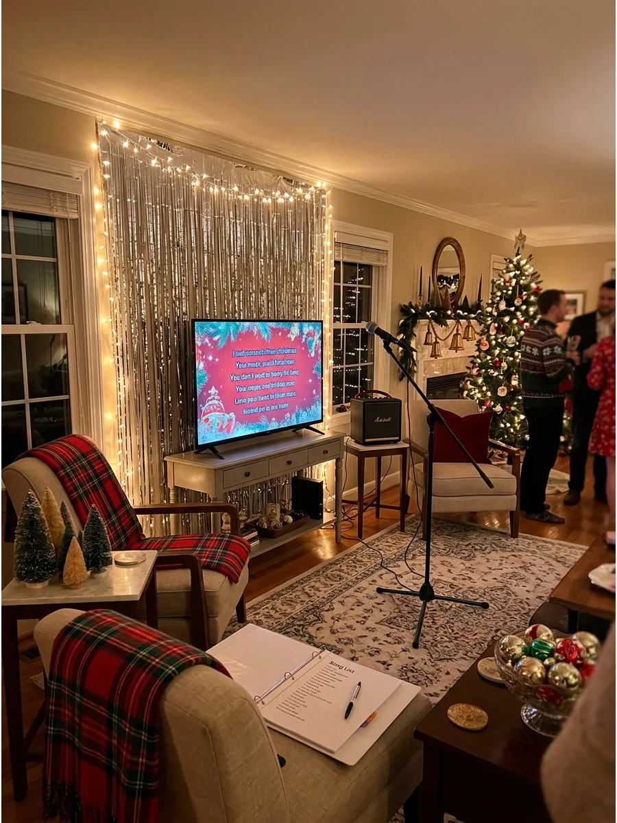 A home karaoke setup with tinsel decor and a microphone on a stand.
