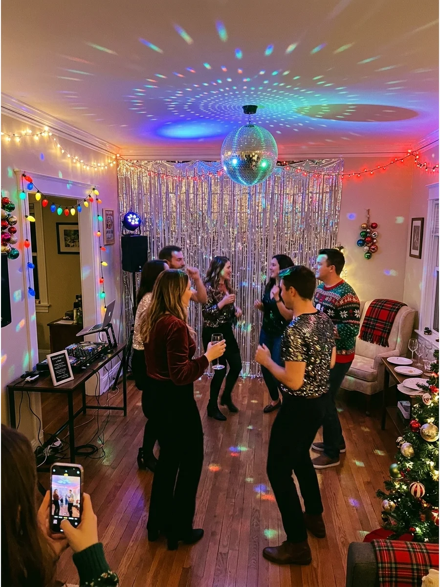 A living room decorated like a disco with a disco ball and silver tinsel.