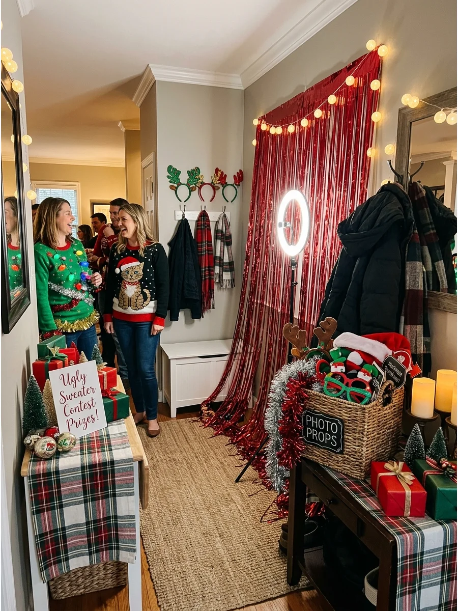 A photo booth station in a home entryway with festive props and a red backdrop.
