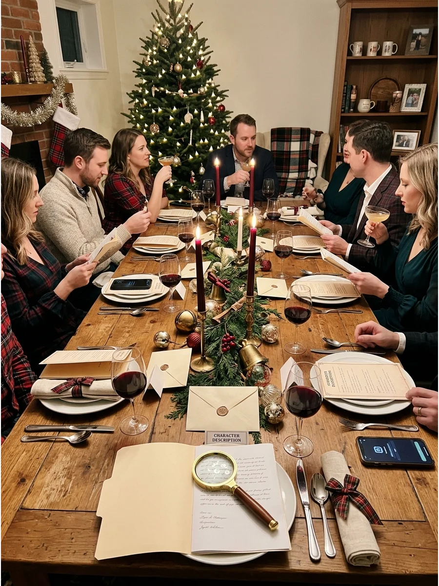 A dining table styled for a Christmas murder mystery party with props and candles.