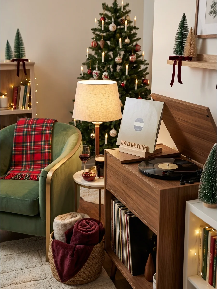 A cozy listening lounge corner with a record player and a velvet chair.
