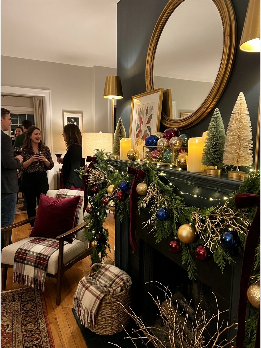An elegant living room decorated in burgundy and gold for a Christmas house party.
