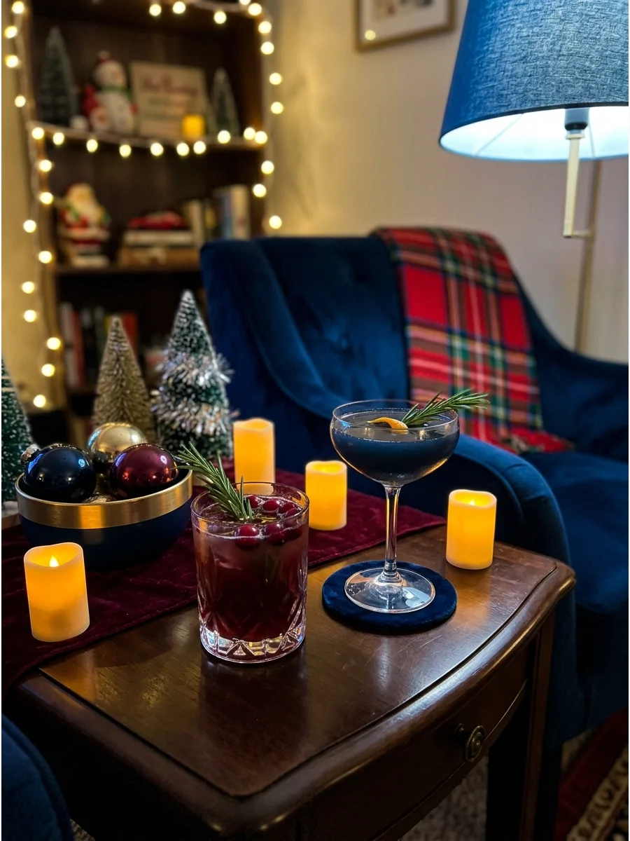 A small apartment living room with moody blue lighting and festive drinks.