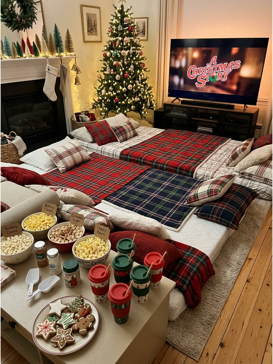 A cozy home cinema setup with blankets and pillows on the floor.