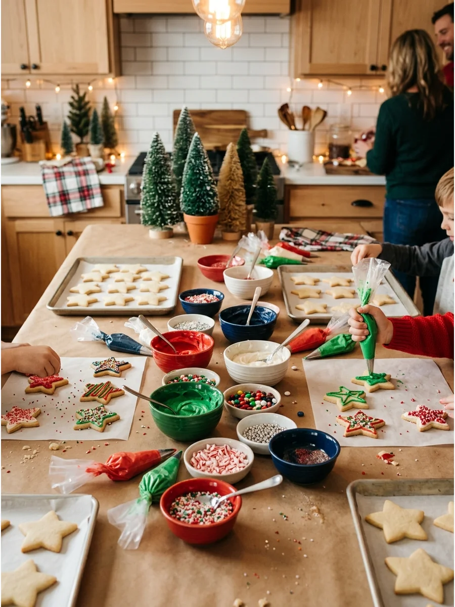 A kitchen island prepared with cookie decorating supplies and frosting.