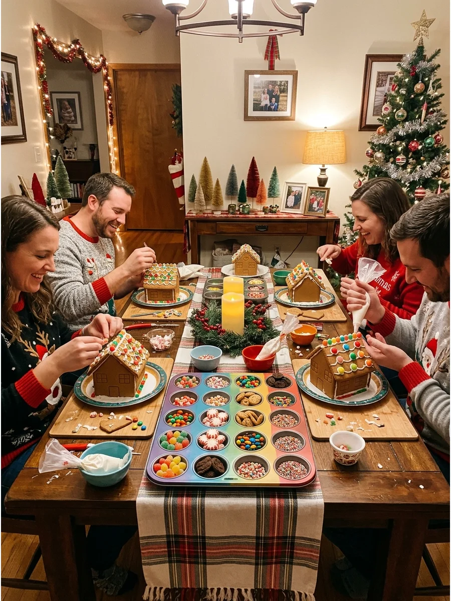 A dining table set up for a gingerbread house building competition.