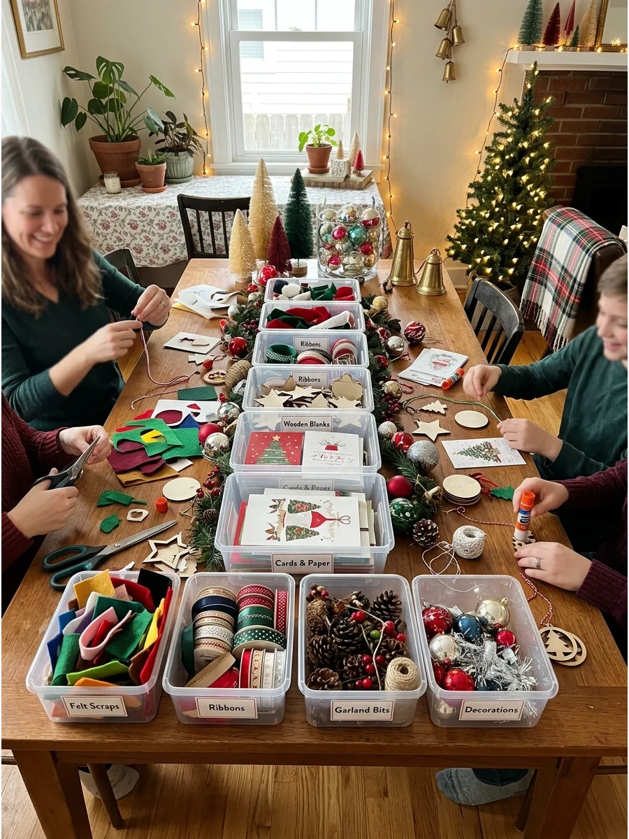 A dining room table filled with holiday craft supplies for making ornaments.