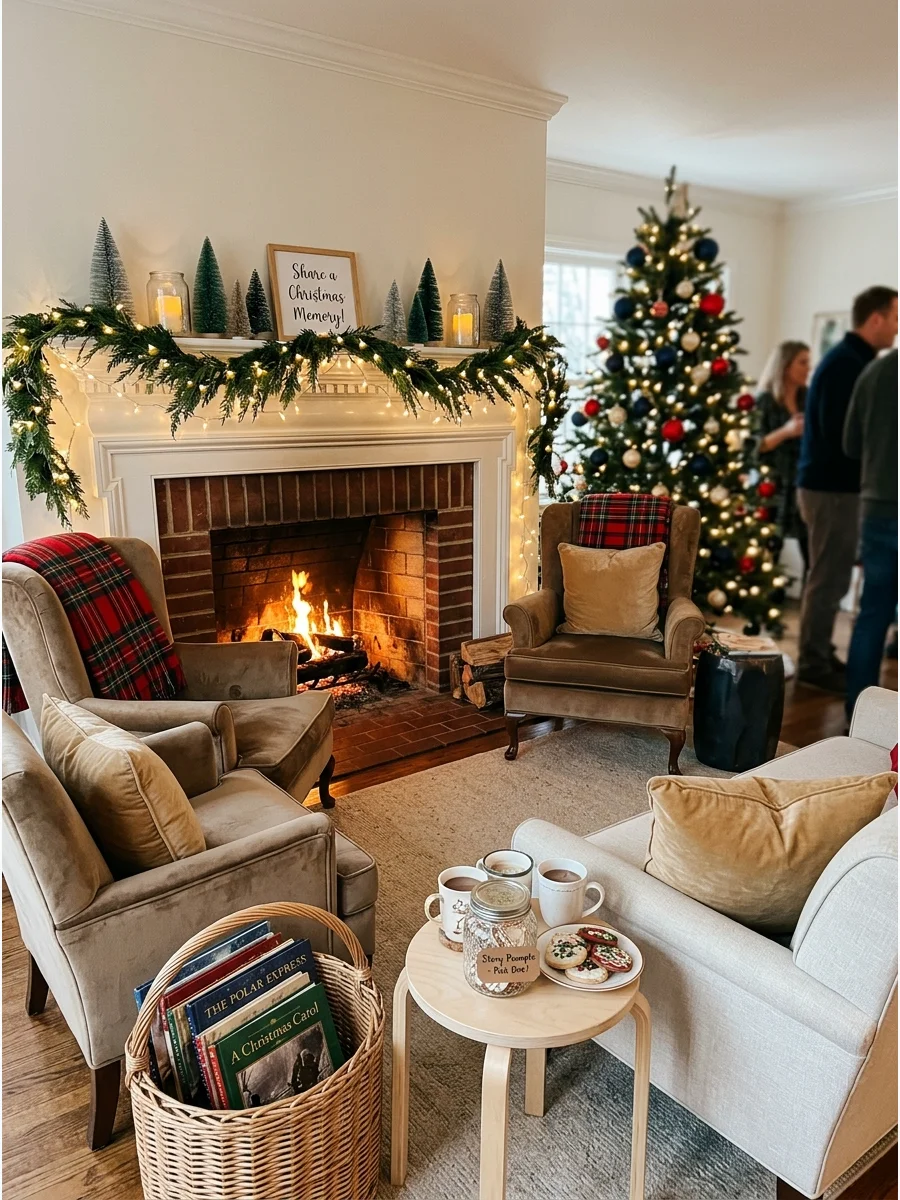 A cozy seating area by a fireplace prepared for a storytelling session.