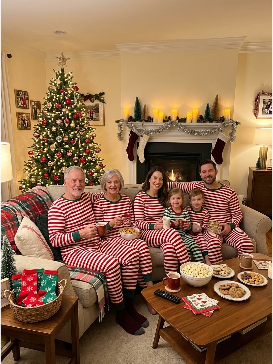 A family in matching pajamas relaxing on a sofa during a house party.