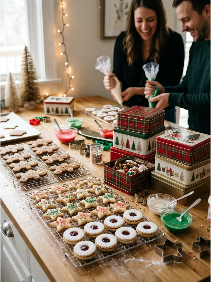 A kitchen counter filled with fresh cookies and gift tins for a baking party.