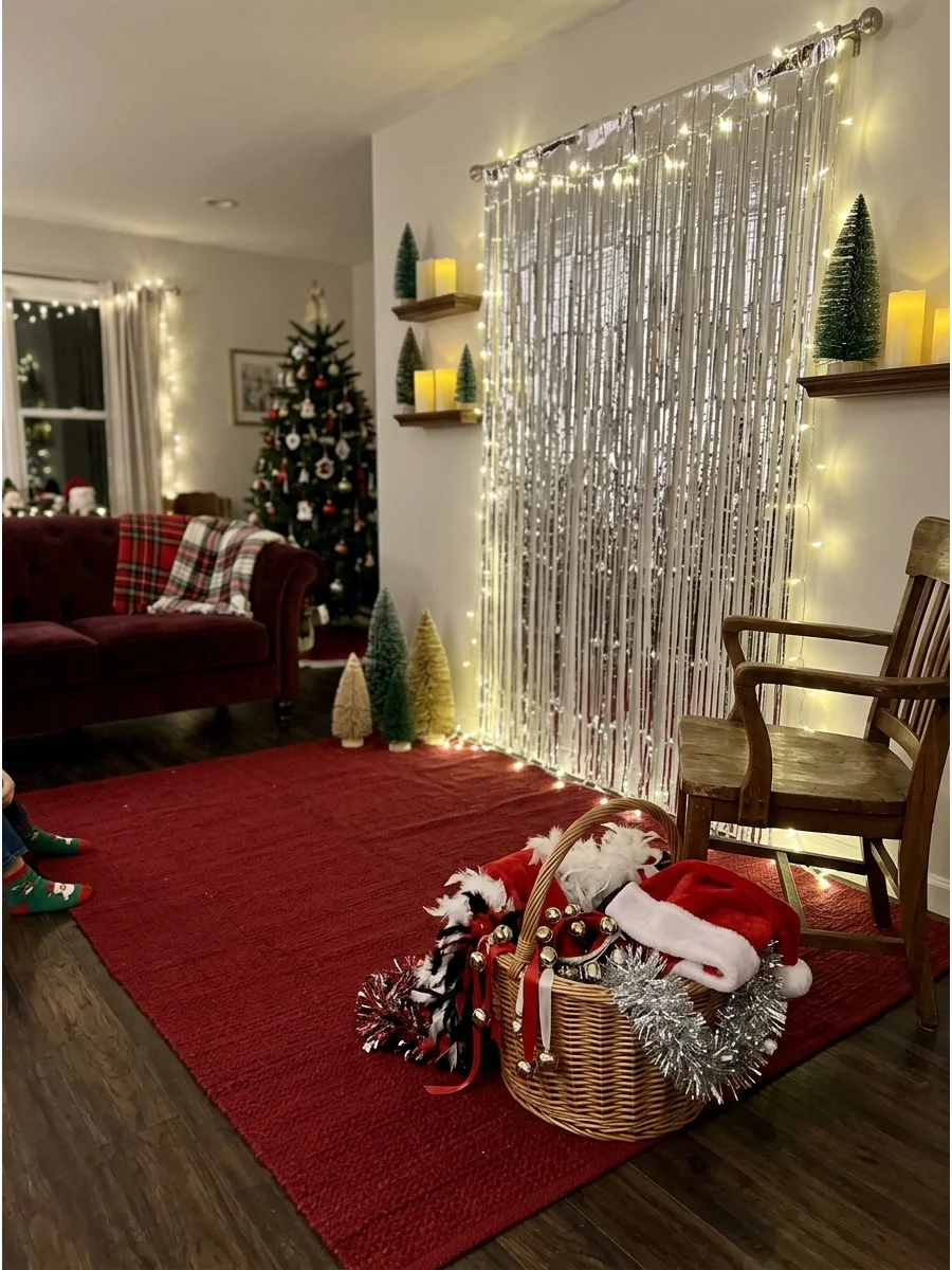 A simple home stage setup with a tinsel backdrop for a talent show.