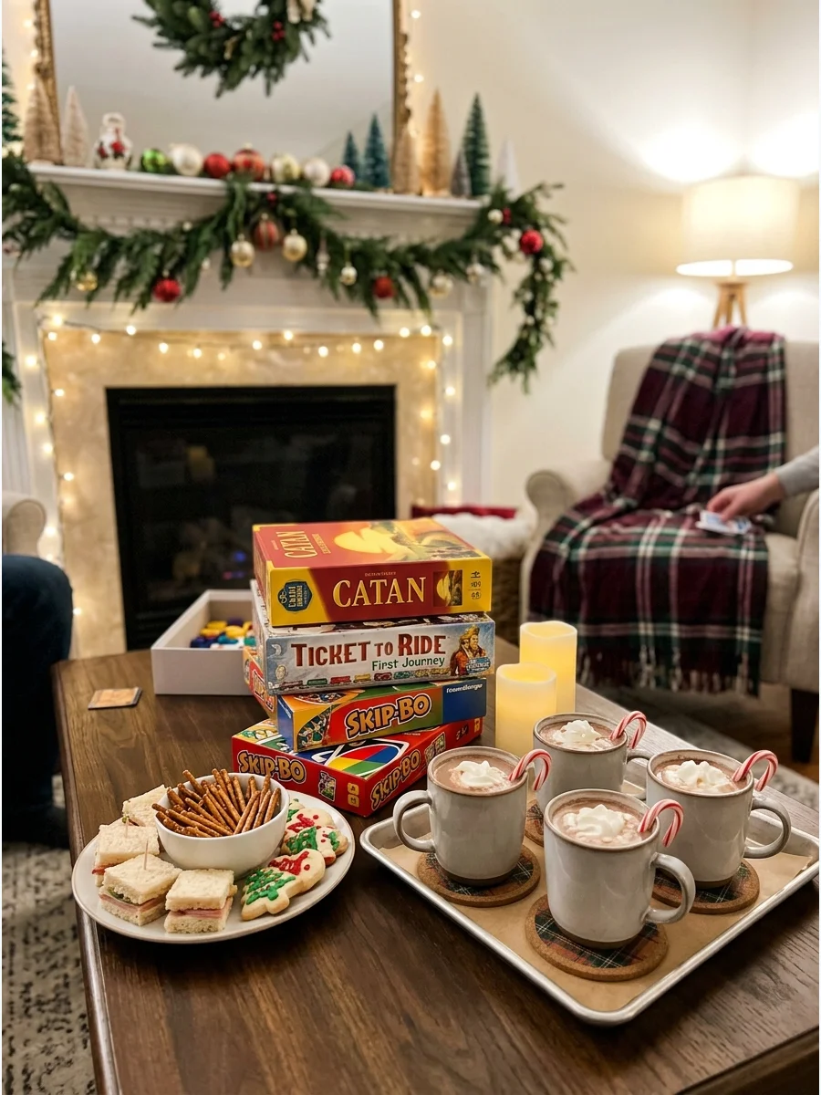 A coffee table set up with board games and snacks for a family night.