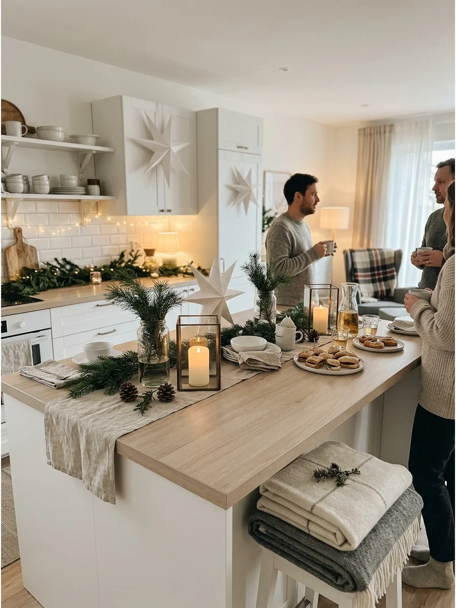 A minimalist Scandinavian Christmas kitchen with white stars and natural wood accents.