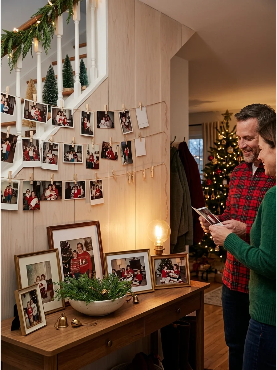 A holiday entryway display featuring old family photos and greenery.