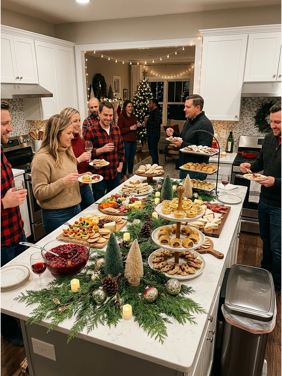 A kitchen island topped with holiday greenery and various appetizer plates.