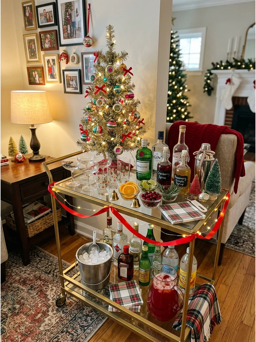 A gold bar cart decorated for Christmas with glassware and festive garnishes.