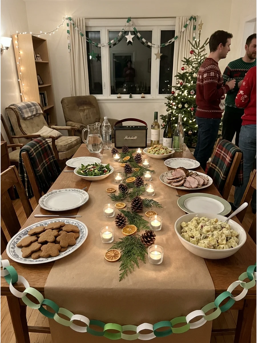 A simple dining table setup with a paper runner and natural pinecone decor.