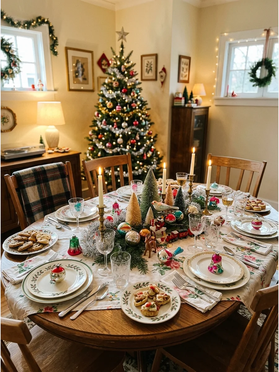 A festive table setting featuring vintage plates and retro holiday decorations.