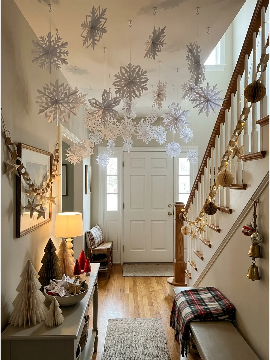 A hallway filled with hanging white paper snowflakes and red paper chains.