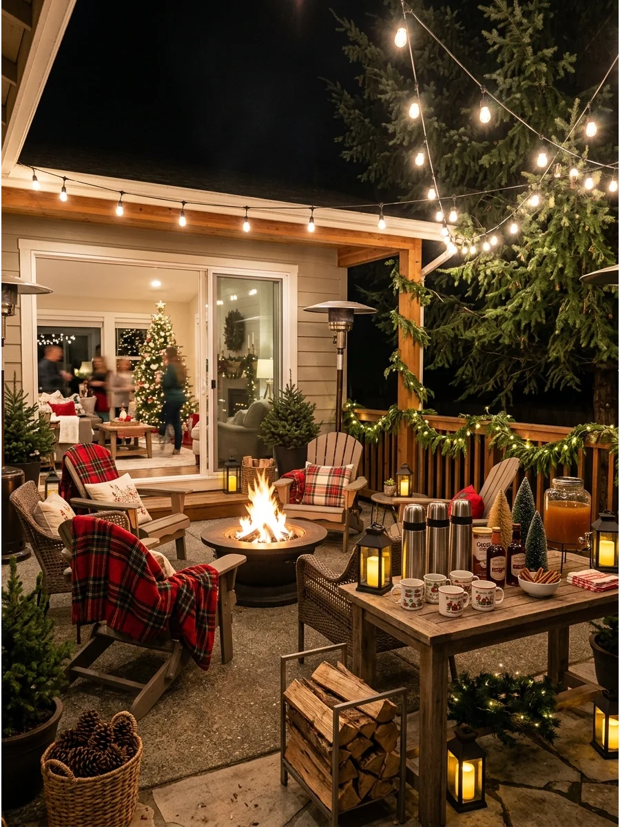 A cozy outdoor patio with a fire pit and blankets for a Christmas party.