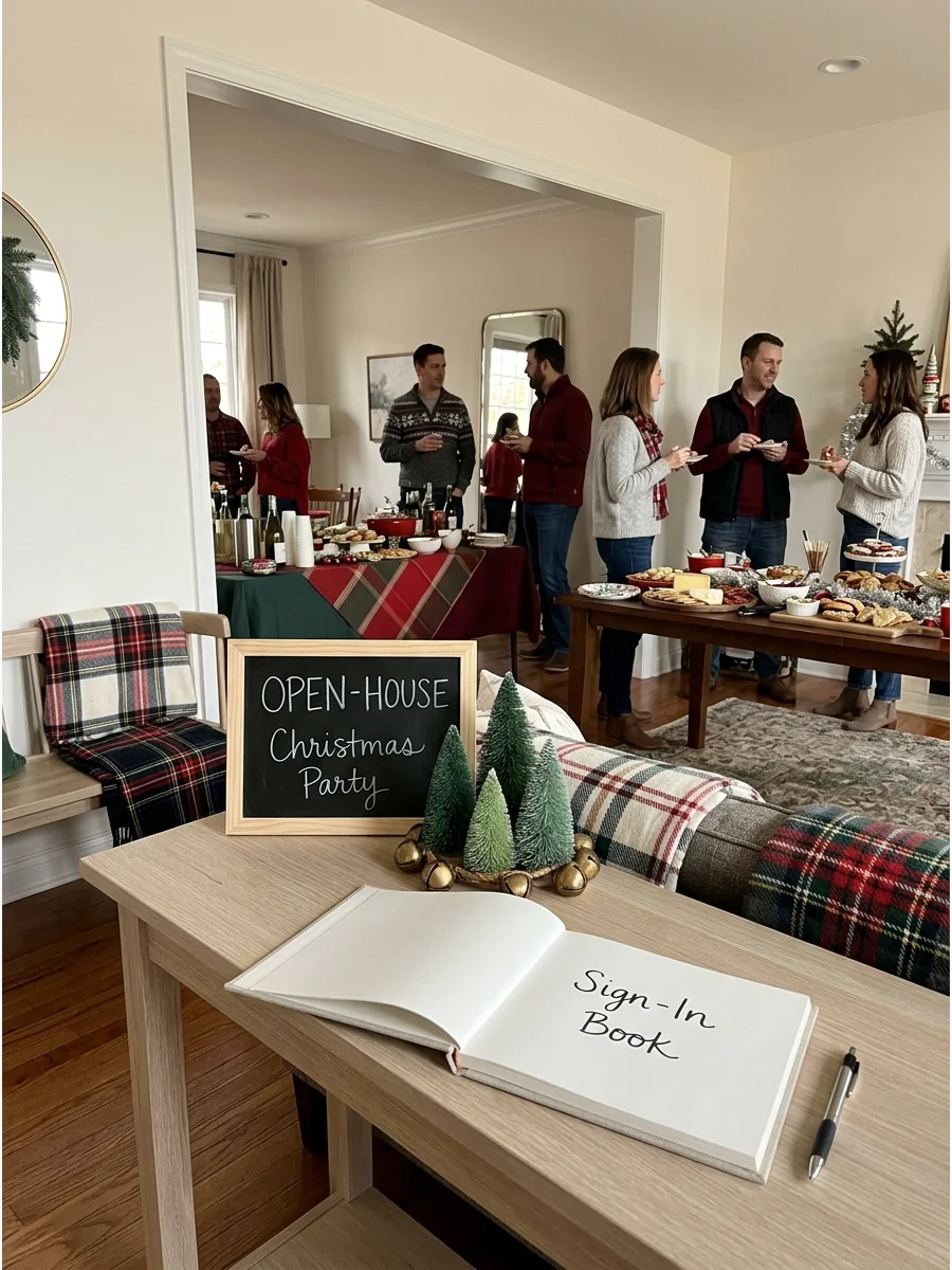 An inviting home entrance for an open-house style holiday gathering.