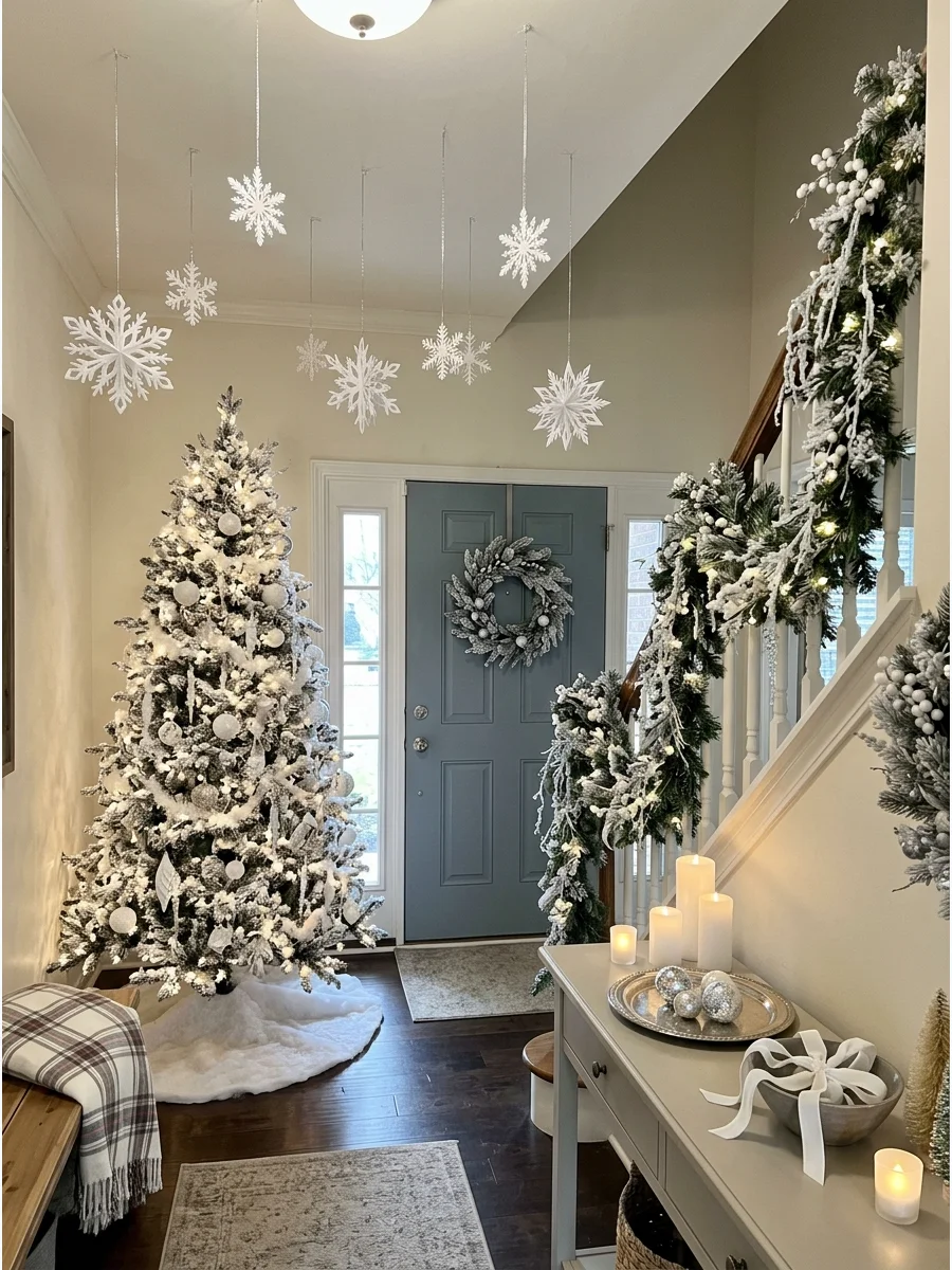 A bright white and silver winter wonderland theme in a home entryway.