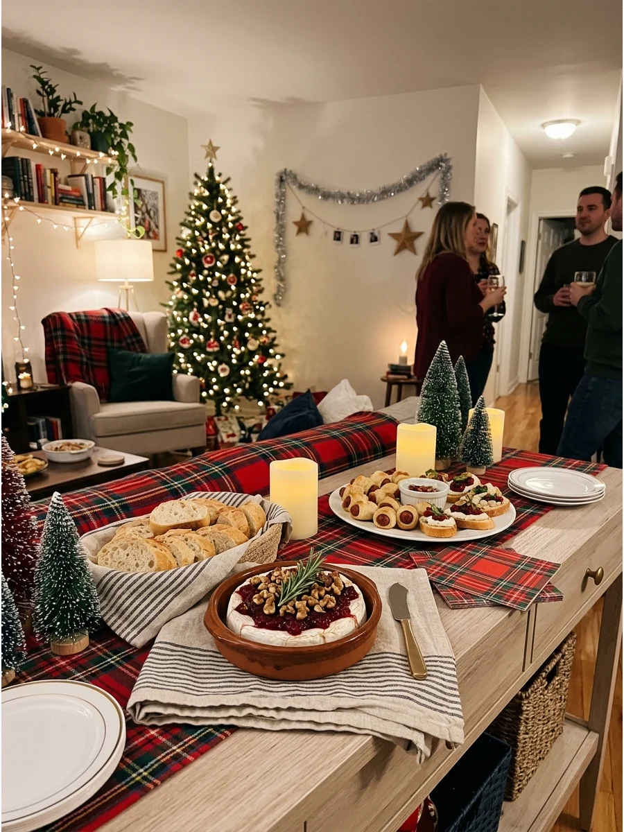 A view of a whole house decorated and organized for a large holiday party.