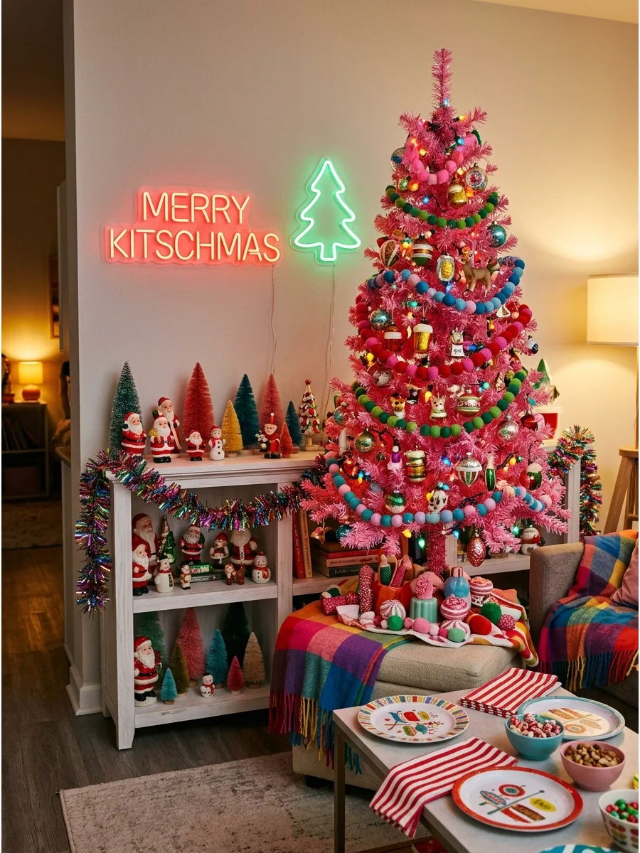 A colorful kitschmas party setup with a pink tree and bright holiday decor in an apartment.