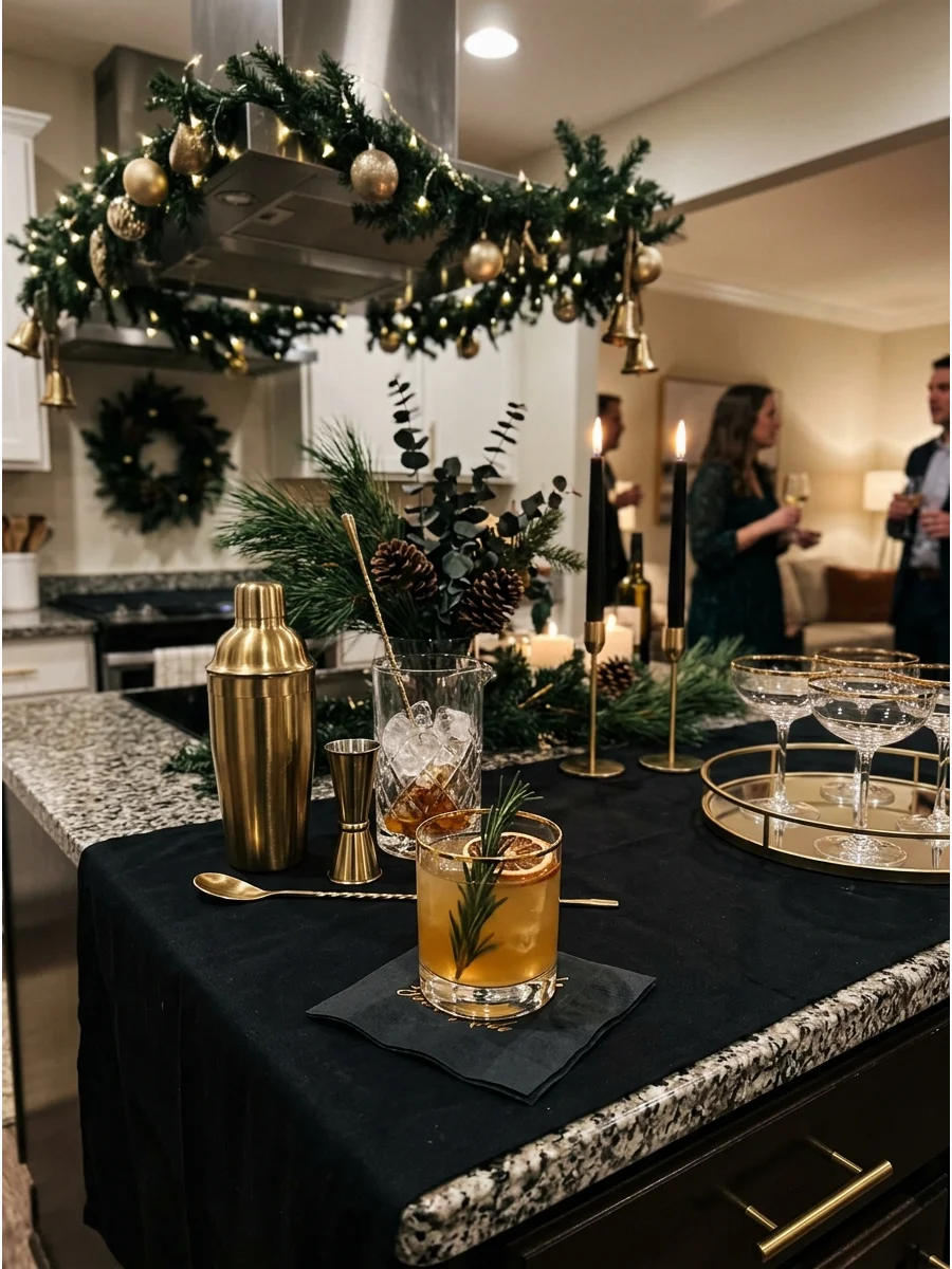 A sophisticated black and gold cocktail bar setup on a kitchen island for a Christmas party.
